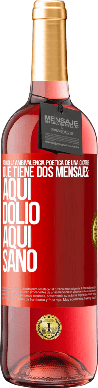 29,95 € Envío gratis | Vino Rosado Edición ROSÉ Adoro la ambivalencia poética de una cicatriz, que tiene dos mensajes: aquí dolió, aquí sanó Etiqueta Roja. Etiqueta personalizable Vino joven Cosecha 2024 Tempranillo