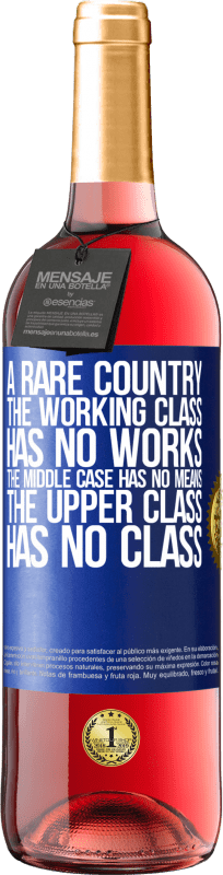 29,95 € Free Shipping | Rosé Wine ROSÉ Edition A rare country: the working class has no works, the middle case has no means, the upper class has no class Blue Label. Customizable label Young wine Harvest 2025 Tempranillo