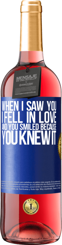 29,95 € Free Shipping | Rosé Wine ROSÉ Edition When I saw you I fell in love, and you smiled because you knew it Blue Label. Customizable label Young wine Harvest 2024 Tempranillo