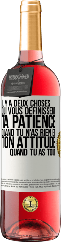 29,95 € Envoi gratuit | Vin rosé Édition ROSÉ Il y a deux choses qui vous définissent. Ta patience quand tu n'as rien et ton attitude quand tu as tout Étiquette Blanche. Étiquette personnalisable Vin jeune Récolte 2024 Tempranillo