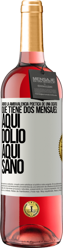 29,95 € Envío gratis | Vino Rosado Edición ROSÉ Adoro la ambivalencia poética de una cicatriz, que tiene dos mensajes: aquí dolió, aquí sanó Etiqueta Blanca. Etiqueta personalizable Vino joven Cosecha 2024 Tempranillo