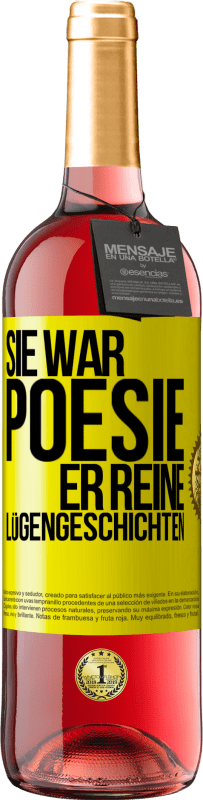 29,95 € Kostenloser Versand | Roséwein ROSÉ Ausgabe Sie war Poesie, er reine Lügengeschichten Gelbes Etikett. Anpassbares Etikett Junger Wein Ernte 2023 Tempranillo