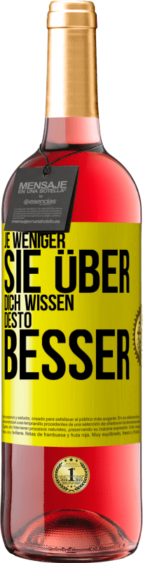 29,95 € Kostenloser Versand | Roséwein ROSÉ Ausgabe Je weniger sie über dich wissen, desto besser Gelbes Etikett. Anpassbares Etikett Junger Wein Ernte 2024 Tempranillo