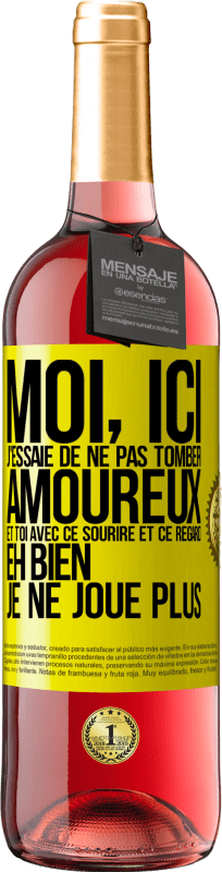 29,95 € Envoi gratuit | Vin rosé Édition ROSÉ Moi, ici, j'essaie de ne pas tomber amoureux et toi avec ce sourire et ce regard eh bien, je ne joue plus Étiquette Jaune. Étiquette personnalisable Vin jeune Récolte 2025 Tempranillo