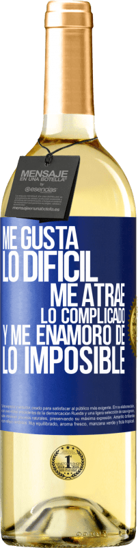 29,95 € Envío gratis | Vino Blanco Edición WHITE Me gusta lo difícil, me atrae lo complicado, y me enamoro de lo imposible Etiqueta Azul. Etiqueta personalizable Vino joven Cosecha 2024 Verdejo