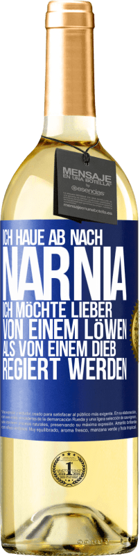 29,95 € Kostenloser Versand | Weißwein WHITE Ausgabe Ich haue ab nach Narnia. Ich möchte lieber von einem Löwen als von einem Dieb regiert werden Blaue Markierung. Anpassbares Etikett Junger Wein Ernte 2024 Verdejo