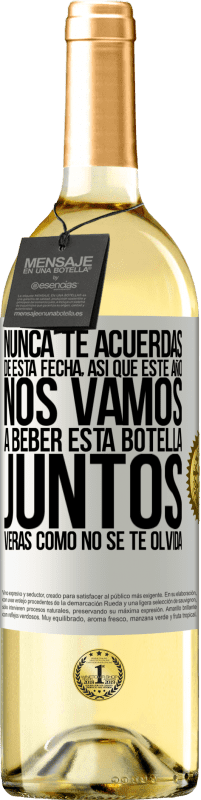 29,95 € Envío gratis | Vino Blanco Edición WHITE Nunca te acuerdas de esta fecha, así que este año nos vamos a beber esta botella juntos. Verás como no se te olvida Etiqueta Blanca. Etiqueta personalizable Vino joven Cosecha 2024 Verdejo