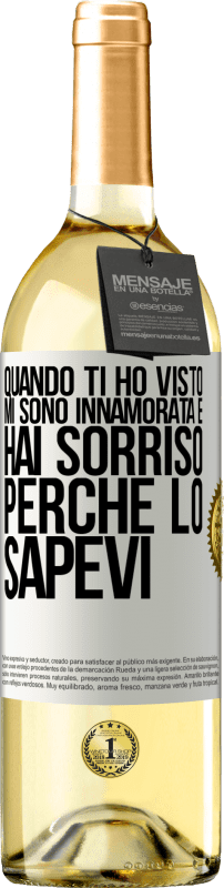 29,95 € Spedizione Gratuita | Vino bianco Edizione WHITE Quando ti ho visto, mi sono innamorata e hai sorriso perché lo sapevi Etichetta Bianca. Etichetta personalizzabile Vino giovane Raccogliere 2024 Verdejo