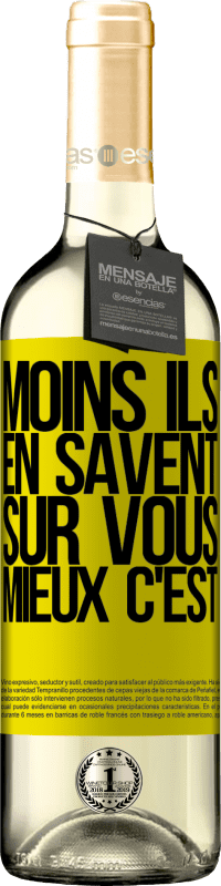 29,95 € Envoi gratuit | Vin blanc Édition WHITE Moins ils en savent sur vous, mieux c'est Étiquette Jaune. Étiquette personnalisable Vin jeune Récolte 2024 Verdejo