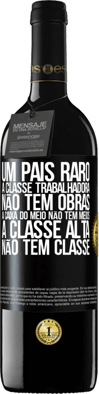 39,95 € Envio grátis | Vinho tinto Edição RED MBE Reserva Um país raro: a classe trabalhadora não tem obras, a caixa do meio não tem meios, a classe alta não tem classe Etiqueta Preta. Etiqueta personalizável Reserva 12 Meses Colheita 2015 Tempranillo