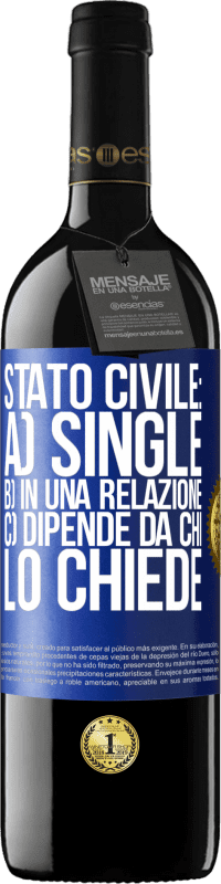 39,95 € Spedizione Gratuita | Vino rosso Edizione RED MBE Riserva Stato civile: a) Single b) in una relazione c) Dipende da chi lo chiede Etichetta Blu. Etichetta personalizzabile Riserva 12 Mesi Raccogliere 2015 Tempranillo