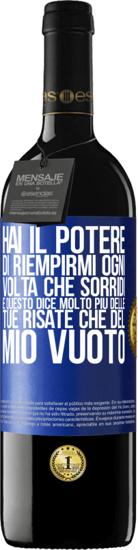 39,95 € Spedizione Gratuita | Vino rosso Edizione RED MBE Riserva Hai il potere di riempirmi ogni volta che sorridi, e questo dice molto più delle tue risate che del mio vuoto Etichetta Blu. Etichetta personalizzabile Riserva 12 Mesi Raccogliere 2015 Tempranillo