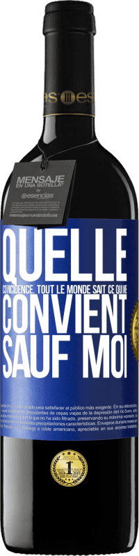 39,95 € Envoi gratuit | Vin rouge Édition RED MBE Réserve Quelle coïncidence. Tout le monde sait ce qui me convient sauf moi Étiquette Bleue. Étiquette personnalisable Réserve 12 Mois Récolte 2015 Tempranillo