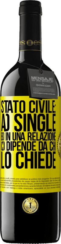 39,95 € Spedizione Gratuita | Vino rosso Edizione RED MBE Riserva Stato civile: a) Single b) in una relazione c) Dipende da chi lo chiede Etichetta Gialla. Etichetta personalizzabile Riserva 12 Mesi Raccogliere 2015 Tempranillo