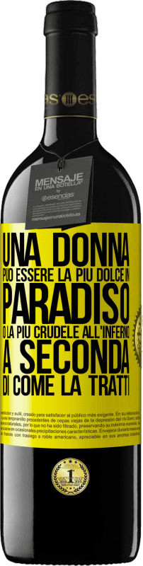 39,95 € Spedizione Gratuita | Vino rosso Edizione RED MBE Riserva Una donna può essere la più dolce in paradiso o la più crudele all'inferno, a seconda di come la tratti Etichetta Gialla. Etichetta personalizzabile Riserva 12 Mesi Raccogliere 2015 Tempranillo