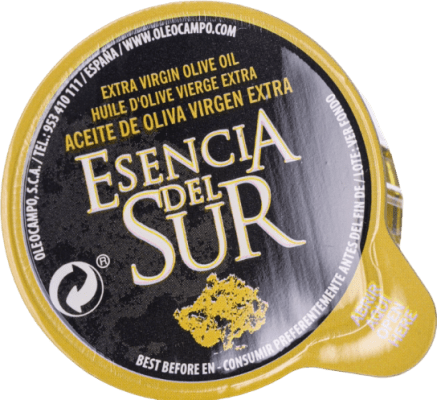 27,95 € Spedizione Gratuita | Scatola da 100 unità Olio d'Oliva Oleocampo Esencia del Sur Cápsulas Andalusia Spagna Picual Bottiglia Miniatura 2 cl