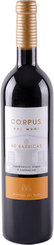 8,95 € Spedizione Gratuita | Vino bianco Muni Corpus 60 Barricas Tinto I.G.P. Vino de la Tierra de Castilla Spagna Tempranillo, Syrah, Grenache Tintorera Bottiglia 75 cl