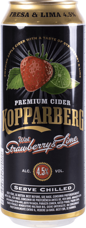 72,95 € Envío gratis | Caja de 24 unidades Sidra Kopparberg Suecia Lata Medium 50 cl Fresa, Lima