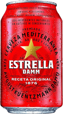 29,95 € Envío gratis | Caja de 24 unidades Cerveza Estrella Damm Lager Mediterránea España Lata 33 cl
