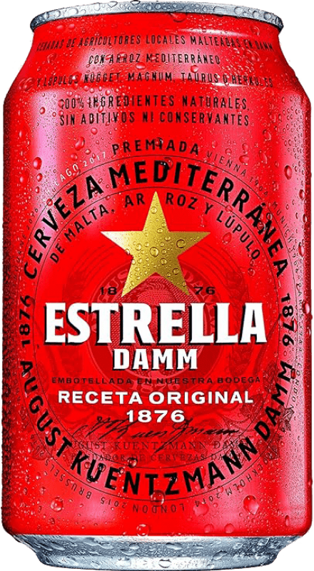 29,95 € 送料無料 | 24個入りボックス ビール Estrella Damm Lager, Mediterranean — 地中海風 スペイン 缶 33 cl