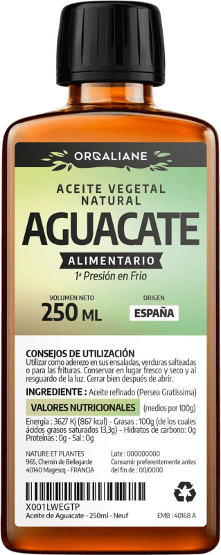 10,95 € Kostenloser Versand | Speiseöl Orgaliane Aguacate Spanien Kleine Flasche 25 cl