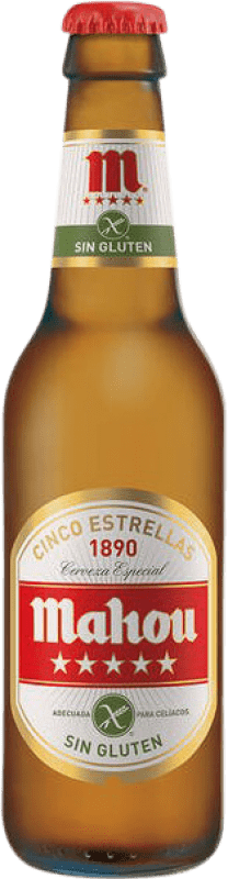 47,95 € Envio grátis | Caixa de 24 unidades Cerveja Mahou Especial Madri Espanha Garrafinha Terço 33 cl Sem Glúten