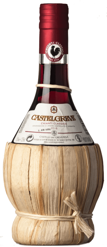 13,95 € 送料無料 | 赤ワイン Castelli del Grevepesa Castelgreve in Fiasco クラシック D.O.C.G. Chianti トスカーナ イタリア Merlot — メルロー, Sangiovese — サンジョヴェーゼ ミディアムボトル 50 cl