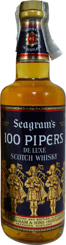 22,95 € Envío gratis | Whisky Blended Seagram's 100 Pipers en Estuche con Vaso Ejemplar Coleccionista 1970's Reino Unido Botella 75 cl