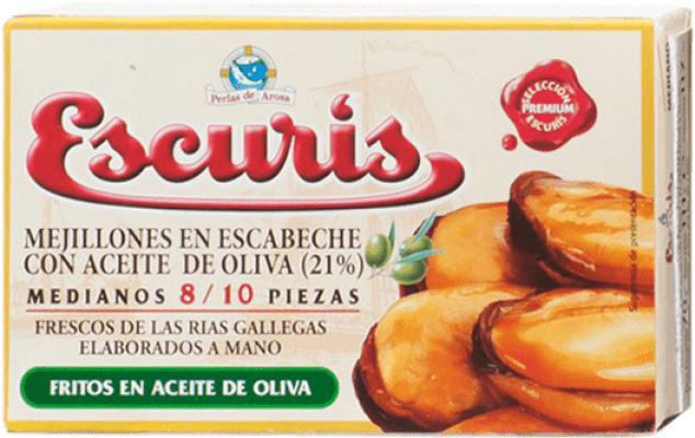 6,95 € 免费送货 | 海鲜罐头 Escurís Mejillón en Escabeche 西班牙 8-10 件