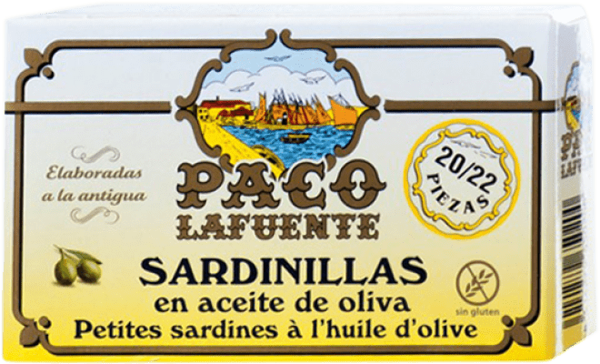 4,95 € Spedizione Gratuita | Conservas de Pescado Conservera Gallega Paco Lafuente Sardinillas en Aceite de Oliva Galizia Spagna 20/25 Pezzi