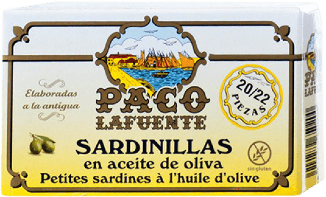 4,95 € Spedizione Gratuita | Conserve di Pesce Conservera Gallega Paco Lafuente Sardinillas en Aceite de Oliva Galizia Spagna 20-25 Pezzi