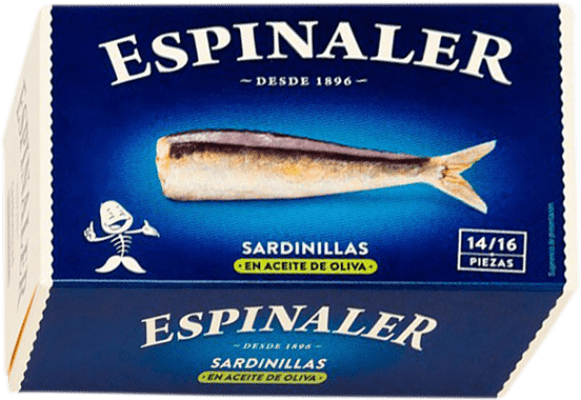 3,95 € Envio grátis | Conservas de Pescado Espinaler Sardinillas en Aceite de Oliva Espanha 14/16 Peças