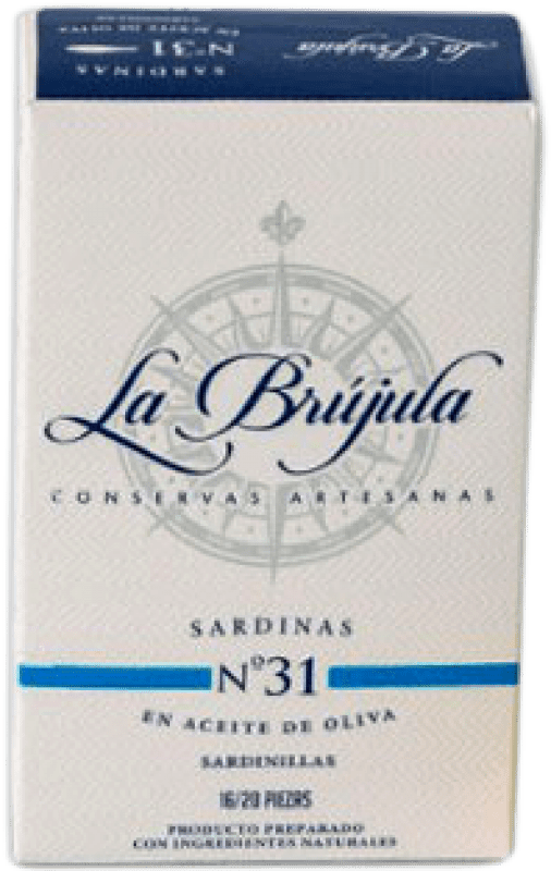 3,95 € Envio grátis | Conservas de Peixe La Brújula Sardinillas en Aceite de Oliva Espanha 15-20 Peças