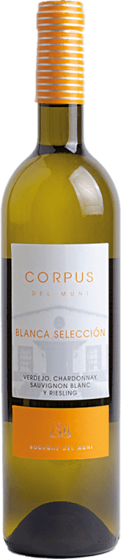8,95 € 免费送货 | 白葡萄酒 Muni Corpus I.G.P. Vino de la Tierra de Castilla 卡斯蒂利亚 - 拉曼恰 西班牙 Chardonnay — 莎当妮, Verdejo — 维德霍, Riesling — 雷司令, Sauvignon — 苏维浓 瓶装 75 cl