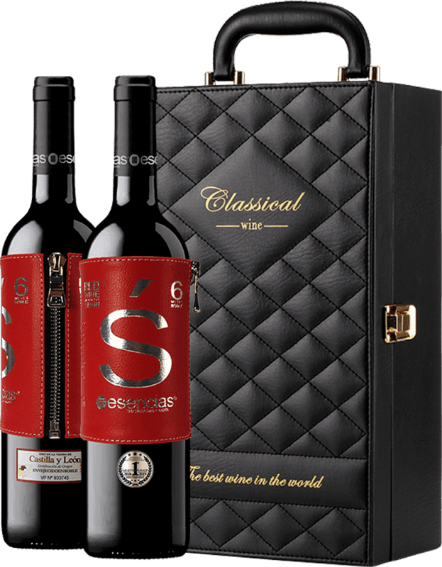 59,95 € Free Shipping | Red Wine Esencias Estuche Maletín de LUJO con 2 Exclusivos Vinos Etiqueta de Cuero y Set de 4 Accesorios Limited Edition, Premium Crianza — Aged I.G.P. Vino de la Tierra de Castilla y León Castilla y León Spain Tempranillo 75 cl