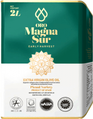 47,95 € 免费送货 | 橄榄油 Magnasur Oro — 金色版, Premium — 高端, EVOO 特级初榨 D.O. Sierra Mágina Jaén 西班牙 Picual — 皮夸尔 特殊罐 2 L